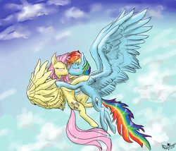 Size: 3507x3000 | Tagged: source needed, safe, artist:pwnyville, fluttershy, rainbow dash, pegasus, pony, female, flutterdash, kissing, lesbian, shipping