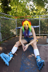 Size: 464x696 | Tagged: safe, artist:nishi-ki, rainbow dash, human, cosplay, goggles, irl, irl human, photo, roller skates