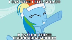 Size: 1280x720 | Tagged: safe, screencap, rainbow dash, pegasus, pony, call of the cutie, dragon ball z, headband, image macro, meme, motivational speech, piccolo (dbz), pumped, quote, solo