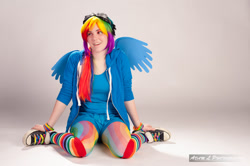 Size: 900x599 | Tagged: safe, artist:goblincreations, rainbow dash, human, clothes, cosplay, irl, irl human, leggings, photo, rainbow socks, socks, striped socks