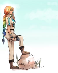 Size: 1024x1280 | Tagged: dead source, safe, artist:mikakitty, rainbow dash, human, braid, female, humanized, native american, ponytail, solo, squaw dash, tomahawk