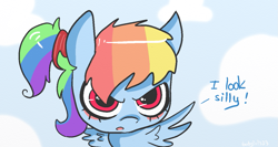 Size: 1229x655 | Tagged: safe, artist:batgirl333, rainbow dash, pegasus, pony, alternate hairstyle, blue coat, female, mare, multicolored mane, solo