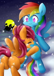 Size: 1024x1449 | Tagged: safe, artist:miya, rainbow dash, scootaloo, pegasus, pony, featureless crotch, moon, night, pixiv, scootalove