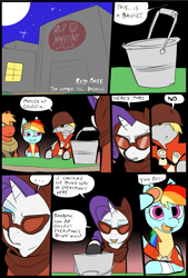 Size: 781x1156 | Tagged: safe, artist:metal-kitty, big macintosh, derpy hooves, rainbow dash, rarity, earth pony, pegasus, pony, unicorn, comic:expiration date, bucket, comic, crossover, derpy soldier, dialogue, expiration date, heavy, heavy mac, male, night, rainbow scout, rarispy, scout, soldier, stallion, team fortress 2