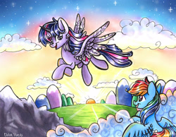 Size: 2189x1696 | Tagged: safe, artist:frostykat13, rainbow dash, twilight sparkle, twilight sparkle (alicorn), alicorn, pegasus, pony, female, flying, mare, sunrise, traditional art