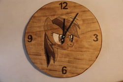 Size: 5184x3456 | Tagged: safe, artist:farondk, rainbow dash, pegasus, pony, clock, craft, pyrography, traditional art, woodwork