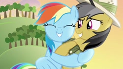 Size: 1920x1080 | Tagged: safe, screencap, daring do, rainbow dash, pegasus, pony, daring don't, hape, happy, hug, smiling