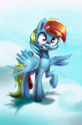 Size: 1416x2145 | Tagged: safe, artist:carligercarl, rainbow dash, pegasus, pony, grin, raised hoof, solo, spread wings