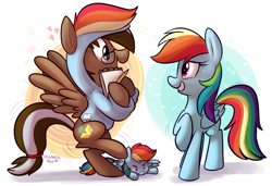 Size: 1500x1023 | Tagged: safe, artist:thedoggygal, rainbow dash, oc, oc:yoshi ringo, pegasus, pony, bipedal, clothes, costume, excited, fan, glasses, grin, hoodie, nervous, open mouth, plushie, raised hoof, raised leg, shivering, smiling, spread wings, squee, sweat, wingding eyes