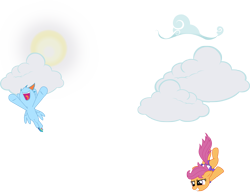 Size: 1550x1200 | Tagged: safe, rainbow dash, scootaloo, pegasus, pony, cloud, female, mare, wallpaper, wings