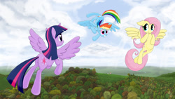 Size: 1920x1080 | Tagged: safe, artist:fidzfox, fluttershy, rainbow dash, twilight sparkle, twilight sparkle (alicorn), alicorn, pegasus, pony, female, flying, mare, smiling