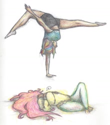 Size: 1523x1730 | Tagged: safe, artist:nanmernoe, fluttershy, rainbow dash, human, humanized, sleeping, traditional art, yoga