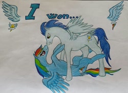 Size: 1024x750 | Tagged: safe, artist:dawn22eagle, rainbow dash, soarin', pegasus, pony, female, male, shipping, soarindash, straight, traditional art