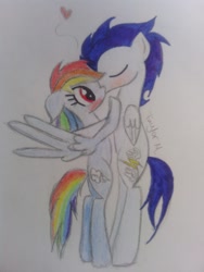 Size: 1024x1365 | Tagged: safe, artist:rainbowdash212, rainbow dash, soarin', pegasus, pony, blushing, female, kissing, male, shipping, soarindash, straight, traditional art