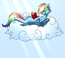 Size: 1607x1425 | Tagged: safe, artist:haydee, rainbow dash, pegasus, pony, book, cloud, lying, on back, reading, solo