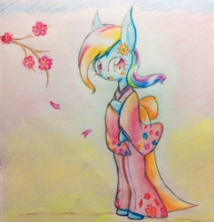 Size: 1839x1907 | Tagged: safe, artist:91o42, rainbow dash, pegasus, pony, semi-anthro, bipedal, blushing, female, flower, kimono (clothing), looking at you, mare, pixiv, solo, traditional art, wingless