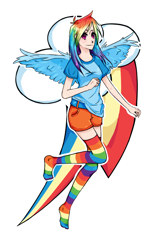 Size: 1000x1500 | Tagged: safe, artist:ange4l, rainbow dash, human, clothes, humanized, missing shoes, rainbow socks, socks, solo, striped socks, winged humanization