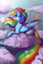 Size: 500x730 | Tagged: safe, artist:inkeed, rainbow dash, pegasus, pony, annoyed, cloud, cloudy, prone, solo