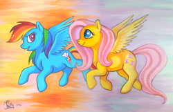 Size: 900x584 | Tagged: safe, artist:fur-kotka, fluttershy, rainbow dash, pegasus, pony, flying, traditional art