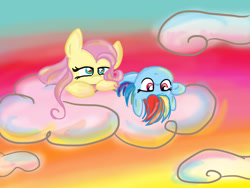 Size: 1024x768 | Tagged: safe, artist:lianzapa, fluttershy, rainbow dash, pegasus, pony, cloud, cloudy, solo, upside down