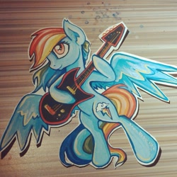 Size: 604x604 | Tagged: safe, artist:freesavanna, rainbow dash, pegasus, pony, blue coat, female, guitar, mare, multicolored mane, solo