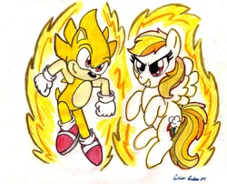 Size: 1100x888 | Tagged: safe, artist:silversimba01, rainbow dash, pegasus, pony, crossover, sonic team, sonic the hedgehog, sonic the hedgehog (series), super rainbow dash, super sonic, traditional art