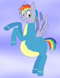 Size: 2000x2600 | Tagged: safe, artist:slimeyjenkins, rainbow blaze, rainbow dash, pegasus, pony, kicking, looking at you, male, male pregnancy, pregnant, rearing, smiling, solo, spread wings, wonderbolts uniform