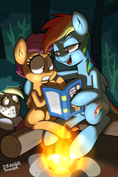 Size: 1280x1920 | Tagged: safe, artist:strangerdanger, daring do, derpy hooves, rainbow dash, scootaloo, pegasus, pony, book, campfire, female, friday the 13th, hockey mask, jason voorhees, log, mare, mask, night, prank, rapeface, scared