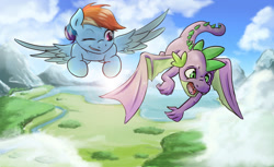 Size: 1500x917 | Tagged: safe, artist:darksittich, rainbow dash, spike, dragon, pegasus, pony, female, flying, male, older, one eye closed, rainbowspike, shipping, spike can fly, straight, winged spike, wink