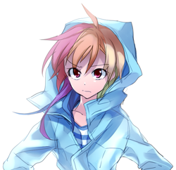 Size: 651x629 | Tagged: safe, artist:megarexetera, rainbow dash, human, clothes, female, hoodie, humanized, looking at you, simple background, solo, white background