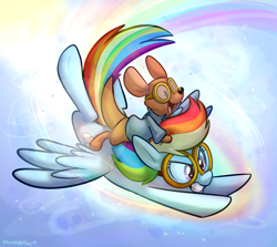 Size: 1490x1329 | Tagged: safe, artist:thedoggygal, rainbow dash, kangaroo, pegasus, pony, crossover, disney, flying, goggles, roo, winnie the pooh