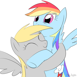 Size: 500x500 | Tagged: safe, artist:hajuya, derpy hooves, rainbow dash, pegasus, pony, derpydash, female, hug, lesbian, mare, shipping, simple background