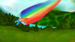 Size: 1920x1080 | Tagged: safe, artist:katsu, rainbow dash, pegasus, pony, cloud, cloudy, eyes closed, glasses, rainbow, solo, tongue out, tree, wonderbolts uniform