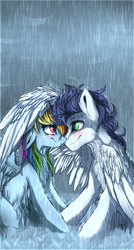 Size: 800x1498 | Tagged: safe, artist:rainbowaliona, rainbow dash, soarin', pegasus, pony, blushing, cute, eye contact, female, floppy ears, male, rain, shipping, smiling, soarindash, spread wings, straight, wing umbrella