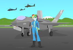 Size: 3200x2200 | Tagged: safe, artist:algoorthviking, rainbow dash, equestria girls, apache longbow, f-35 lightning ii, helicopter, jet fighter, solo, wonderbolts