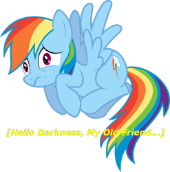 Size: 980x991 | Tagged: safe, artist:sulyo, rainbow dash, pegasus, pony, arrested development, caption, gob bluth, scared, simon and garfunkel, solo, the sound of silence