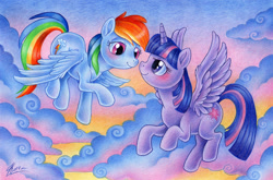 Size: 1000x658 | Tagged: safe, artist:macgreen, rainbow dash, twilight sparkle, twilight sparkle (alicorn), alicorn, pegasus, pony, blushing, female, flying, lesbian, mare, shipping, traditional art, twidash