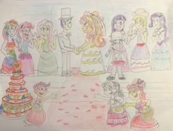 Size: 2556x1936 | Tagged: safe, artist:13mcjunkinm, apple bloom, applejack, flash sentry, fluttershy, pinkie pie, rainbow dash, rarity, scootaloo, spike, sunset shimmer, sweetie belle, twilight sparkle, equestria girls, bride, bridesmaid, bridesmaid dress, bridesmaids, cake, clothes, cutie mark crusaders, dress, equestria girls-ified, female, flashimmer, flower girl, flower girl dress, food, hat, human spike, humane five, humane seven, humane six, male, marriage, ring, shipping, species swap, straight, suit, top hat, traditional art, tuxedo, wedding, wedding cake, wedding dress, wedding ring, wedding veil