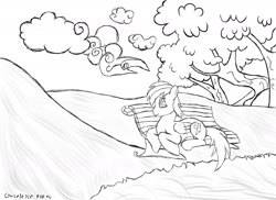 Size: 1755x1275 | Tagged: safe, artist:owlisun, rainbow dash, pegasus, pony, bench, cloud, cloudy, monochrome, solo, tree