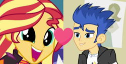 Size: 1168x598 | Tagged: safe, flash sentry, sunset shimmer, better together, equestria girls, wake up!, wake up!: pinkie pie, female, flashimmer, male, shipping, shipping domino, straight