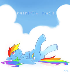 Size: 1174x1215 | Tagged: safe, artist:kuang-han, rainbow dash, pegasus, pony, cloud, female, looking up, lying down, mare, sky, solo, upside down