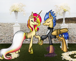 Size: 680x545 | Tagged: safe, artist:commandereclipse, flash sentry, sunset shimmer, pony, bride, clothes, dress, female, flashimmer, groom, male, marriage, shipping, straight, suit, tuxedo, wedding, wedding dress