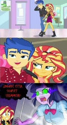 Size: 492x909 | Tagged: safe, artist:uotapo, edit, screencap, flash sentry, sunset shimmer, twilight sparkle, better together, cheer you on, do it for the ponygram!, equestria girls, female, flashimmer, graveyard of comments, implied flashlight, implied shipping, implied straight, jealous, male, shipping, sombra eyes, spanish, straight, translated in the description