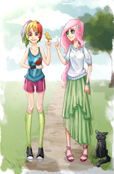 Size: 661x1000 | Tagged: safe, artist:ange4l, fluttershy, rainbow dash, bird, cat, human, breasts, clothes, converse, delicious flat chest, duo, duo female, female, flattershy, humanized, long skirt, sandals, shoes, shorts, skinny, skirt, tanktop