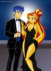 Size: 1080x1500 | Tagged: safe, artist:chuyryu, flash sentry, sunset shimmer, equestria girls, alcohol, alternate hairstyle, black dress, breasts, cleavage, clothes, dress, elegant, female, flashimmer, gala dress, glass, happy new year, holiday, legs, makeup, male, moon, night, shipping, side slit, straight, sunset jiggler, tuxedo, wine, wine glass
