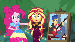 Size: 1280x716 | Tagged: safe, artist:mlpfan3991, edit, edited screencap, screencap, flash sentry, pinkie pie, sunset shimmer, best trends forever, better together, equestria girls, sunset's backstage pass!, female, flashimmer, geode of empathy, magical geodes, male, music festival outfit, shipping, straight