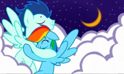 Size: 512x308 | Tagged: safe, artist:reshoriac, rainbow dash, soarin', pegasus, pony, 3ds, cloud, cloudy, eyes closed, female, flying, hug, male, night, shipping, smiling, soarindash, straight