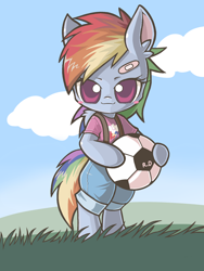 Size: 1200x1600 | Tagged: safe, artist:anchor, rainbow dash, pegasus, pony, semi-anthro, bandage, bipedal, clothes, cute, equestria girls outfit, female, filly, filly rainbow dash, football, grass, grass field, looking at you, mare, pixiv, solo, younger
