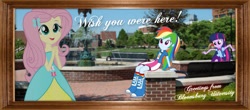 Size: 799x351 | Tagged: safe, artist:lovablerobot, artist:paris7500, artist:zacatron94, fluttershy, rainbow dash, twilight sparkle, equestria girls, building, clothes, collage, college, dress, equestria girls in real life, fall formal outfits, photo, sitting, text, university, vector, water fountain