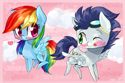 Size: 1024x682 | Tagged: safe, artist:zorbitas, rainbow dash, soarin', pegasus, pony, blushing, cute, female, flying, heart, male, shipping, smiling, soarindash, straight, tongue out